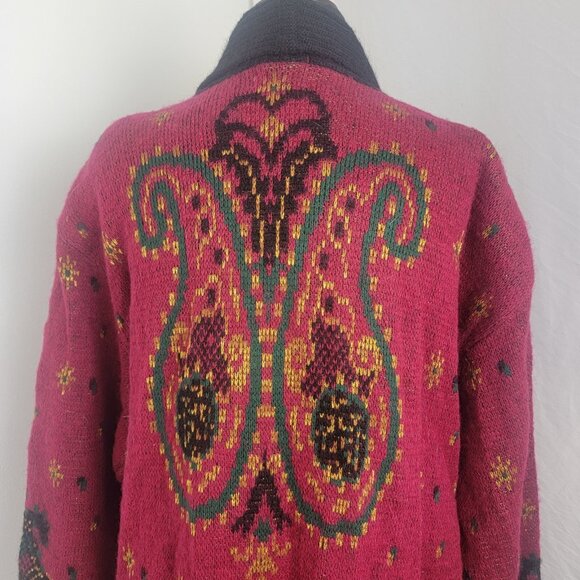 Cervelle Boho Cardigan Sweater Coat Button Up Front Vintage XL Maroon Gold Green - Picture 5 of 8
